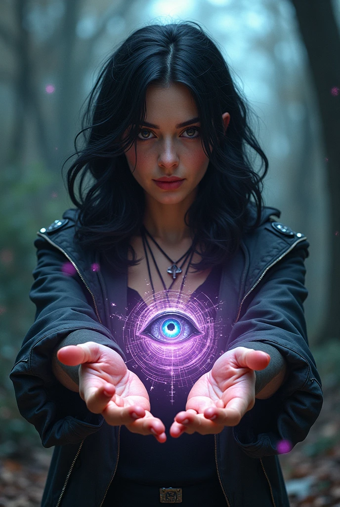 Young girl of 24 with black wavy hair , big and short, Light skin with the powers of Raven and Klaus style of Umbrella Academy doing high level demonic magic with the characteristic of time and the eye of Agamotto