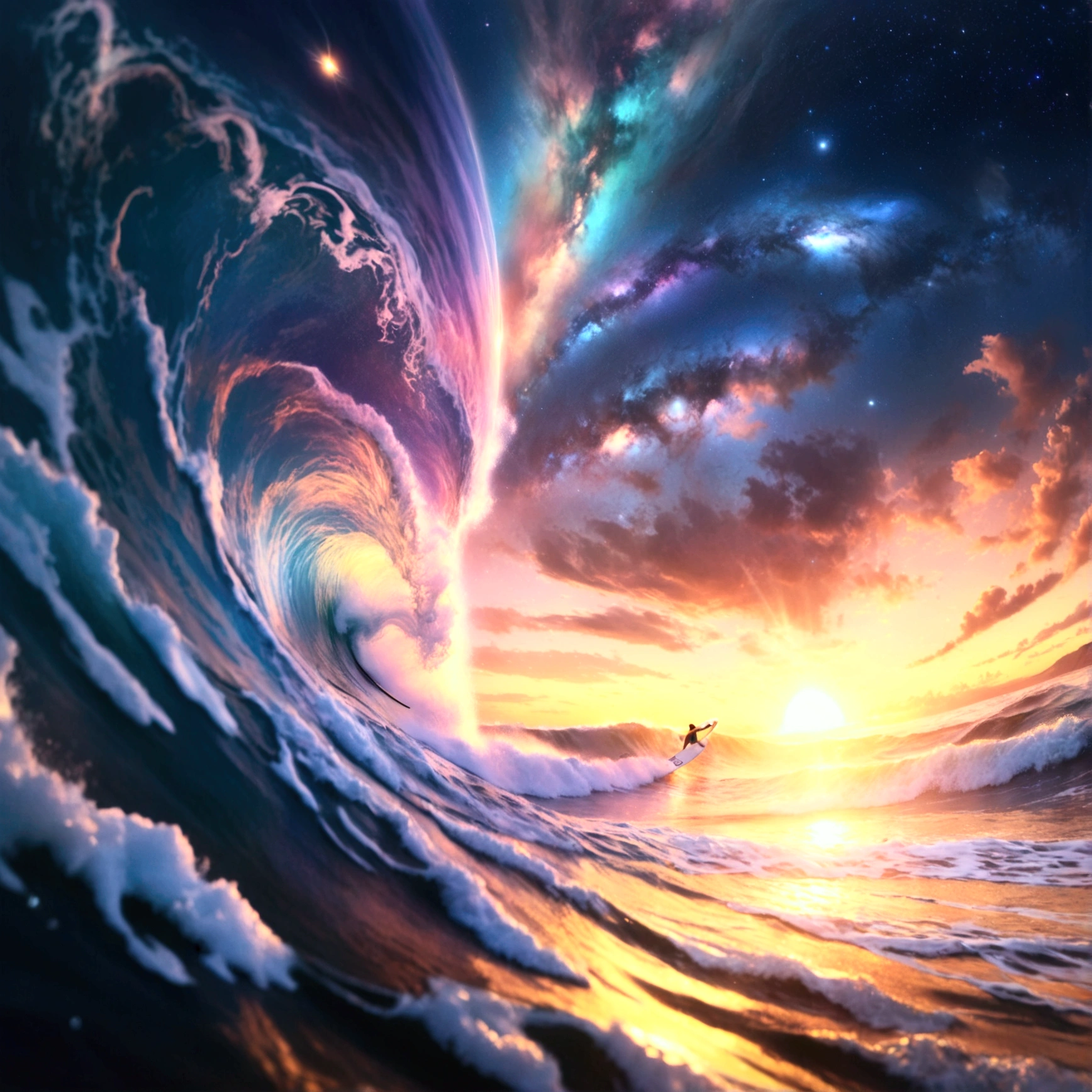 galaxy colorgalaxy stars spacious nebula starry_sky borealis Sunset Colorful SunRise panoramic sunshine Queen_Surf Surfing mounted_Surfboard mounted_wave_torus oasis UnrealEngine5 Ultra Masterpiece sailing_surfboarding Beach deep path Equirectangular_360 wave_fluent Ocean waves Sea storm Goddess beholder 