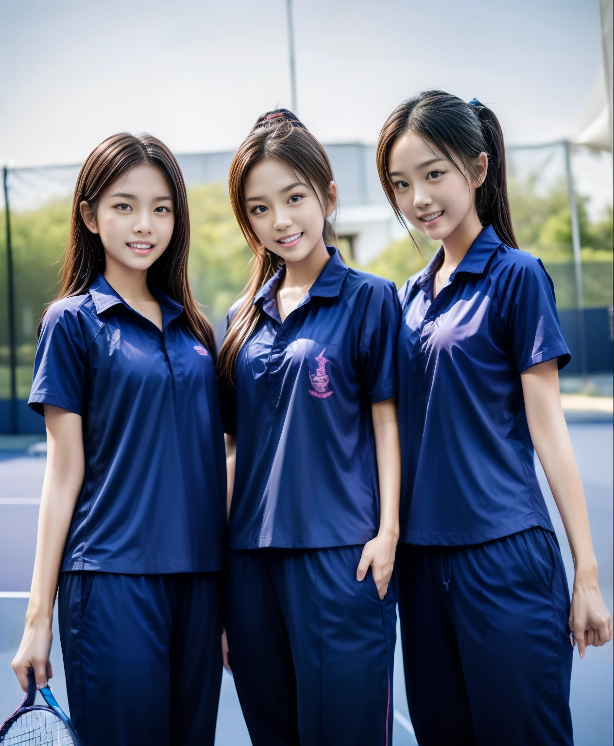 3 girls play tennis at tennis courts, Navy blue short-sleeved shirt,Navy Long Trackpant,Sweatpants, Sweatpantsขายาว,2 girl, lesbian, sexy, exercise clothes, wet body, exercise clothes