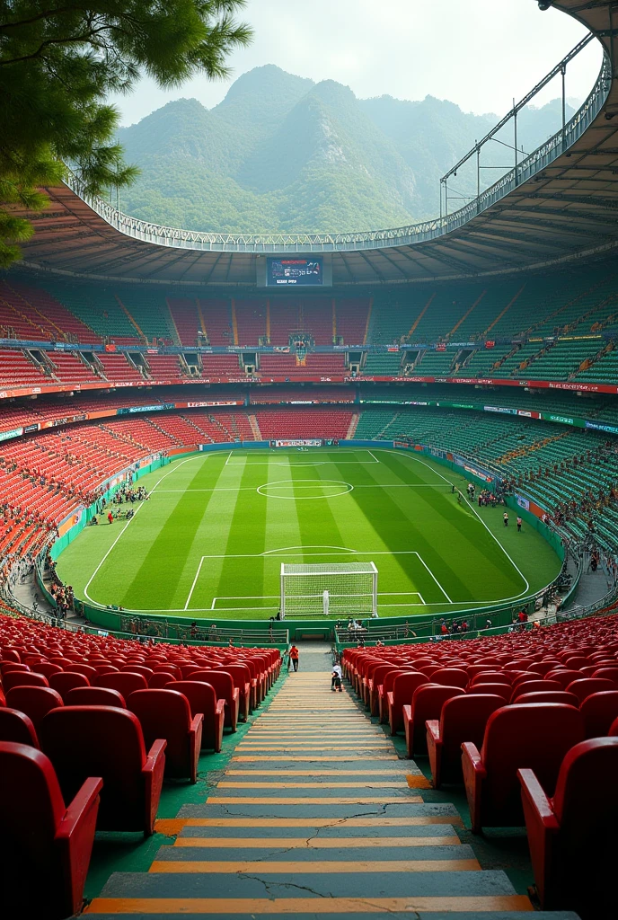 Create a football stadium with seating for 2.500 people, with stands without chairs, only with steps painted in red and green. It must be a small stadium, must be very small