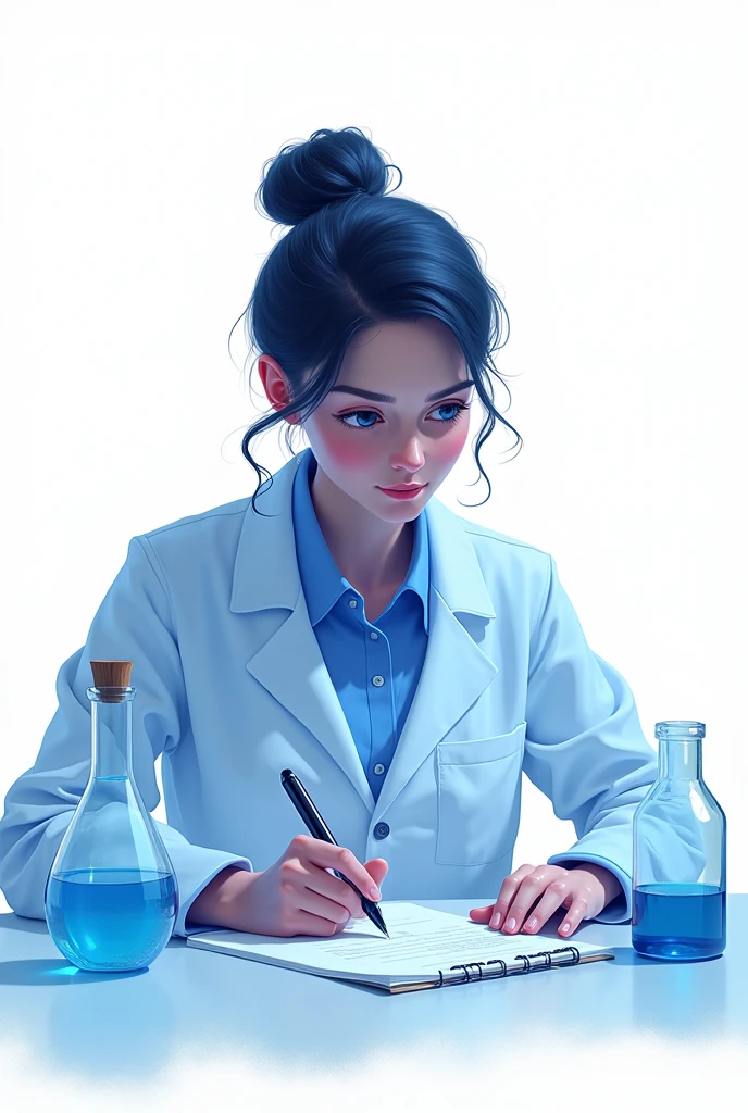 2d drawing with a white background of a scientist taking notes on a sample with shades of blue palettes