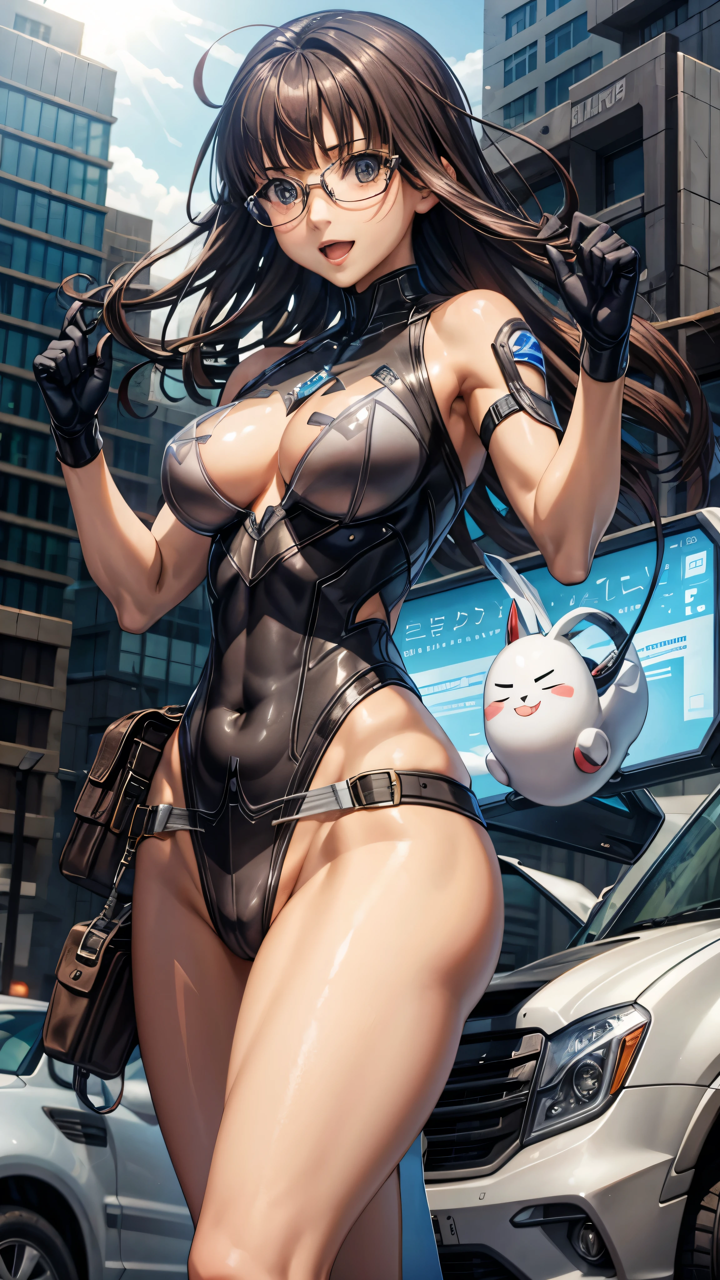 woman,,,city,night,White tight mini skirt bodysuit,(Makoto Harada),Laughing with your mouth open((See through)),((Girl&#39;s body type)),Glasses,Long Hair