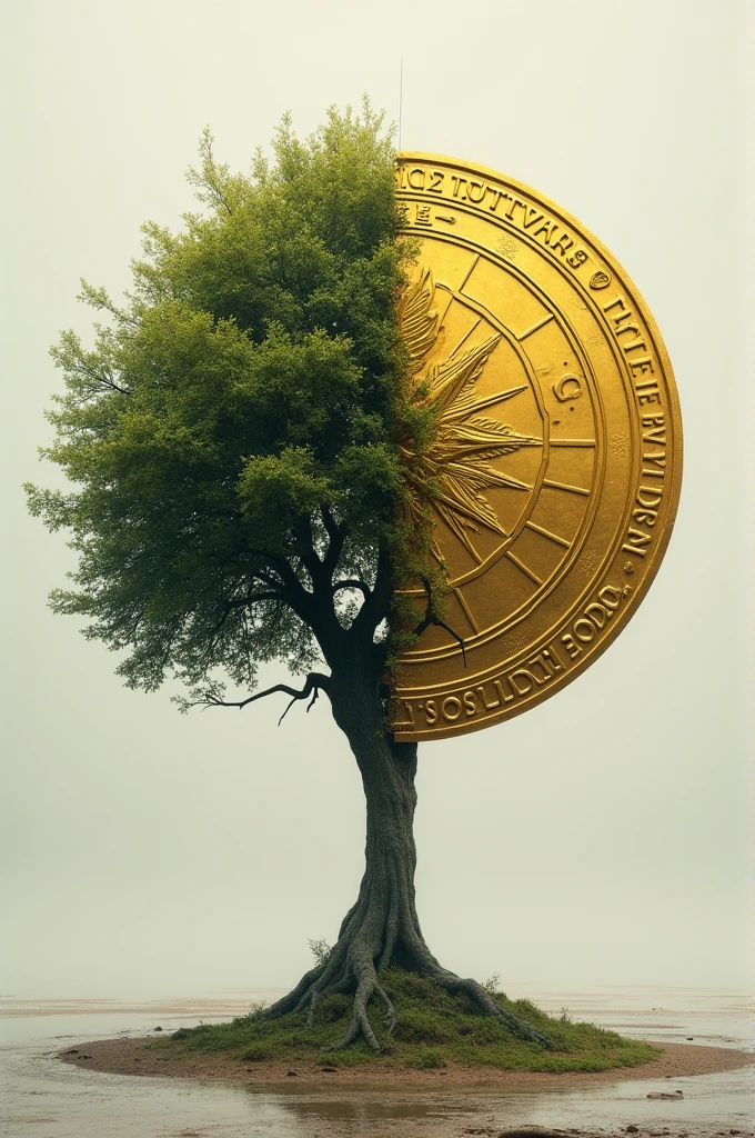 Tree divided half coin half living half half