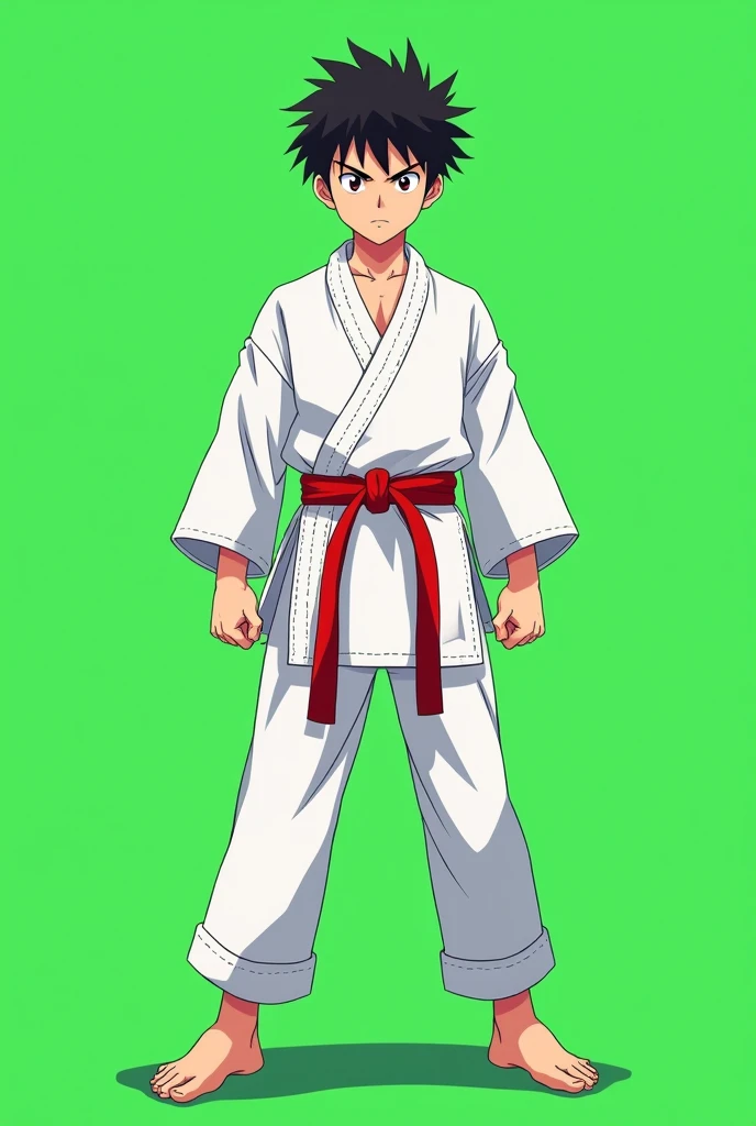 Full size A karate boy in karate uniform in white dress and red belt standing in straight Stance towards the screen and the background is green in anime style and the image have the full size from the hair to the foot of the bly