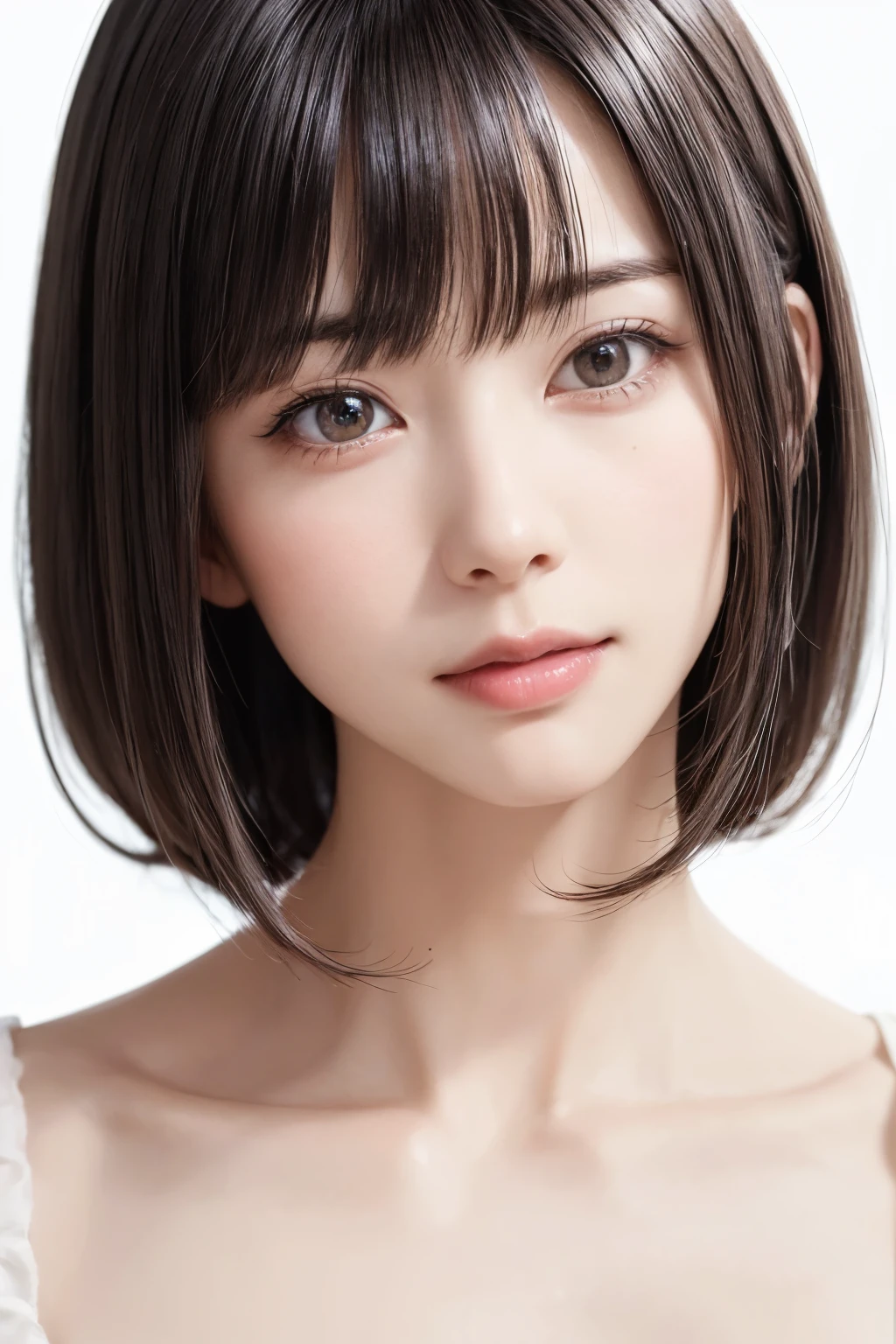 ((masterpiece, Highest quality, High resolution、Realisticですべてが美しく詳細に描かれている)), 1 person, (Realistic: 1.4), alone, White Background, snow-White Background, Mouth closed, smile, smile, Beautiful black hair, short hair, Big eyes, Transparent double eyelids, eyelash, Listen carefully, Long neck, 美しくLong neck, Absolute area, ((Face close-up)), (Draw the whole head, shoulder), 1, Attractive proportions, Glowing Skin, Beautiful clavicle, Golden ratio face, Perfect Face, Teardrop-shaped mole, chestのほくろ, bangs, clean bangs, beautiful bangs, Lip gloss, Thin lips, Fair skin, naked, Big Breasts, {Huge|big|Hugeな|Mega} chest:2, chestの谷間:2,chestの谷間を見せる、Small face, Small face, All the heads are painted, shoulder all drawn, Point slightly above the camera