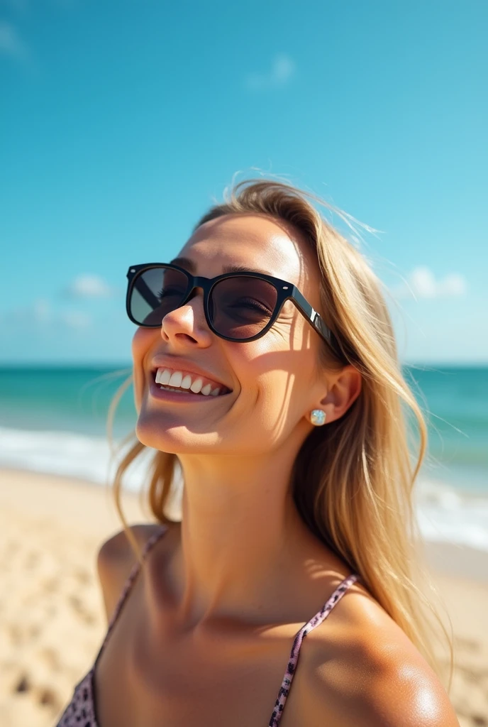 Color photo of a white American woman wearing glasses, enjoying the beach in bright sunlight, capturing a relaxed and sunny atmosphere, natural and realistic portrait, mobile photograph, camera settings: iPhone 12 Pro, VSCO Cam app, outdoor lighting.