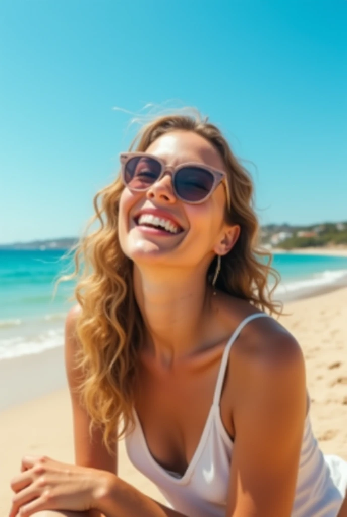 Color photo of a white American woman wearing glasses, enjoying the beach in bright sunlight, capturing a relaxed and sunny atmosphere, natural and realistic portrait, mobile photograph, camera settings: iPhone 12 Pro, VSCO Cam app, outdoor lighting.