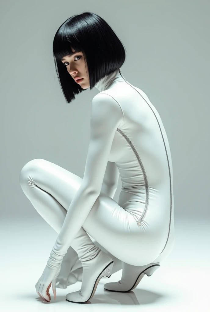 Crouching posture、Short bob hairstyle、shiny black hair、A white rubber suit that lets your skin show、zipper、