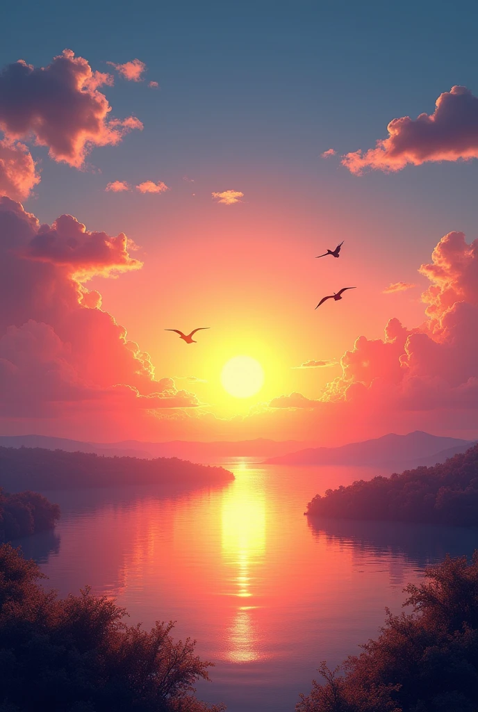 Generate a beautiful sunrise with few clouds and bright sun ultra realistic 8k full hd with some birds in the sky
