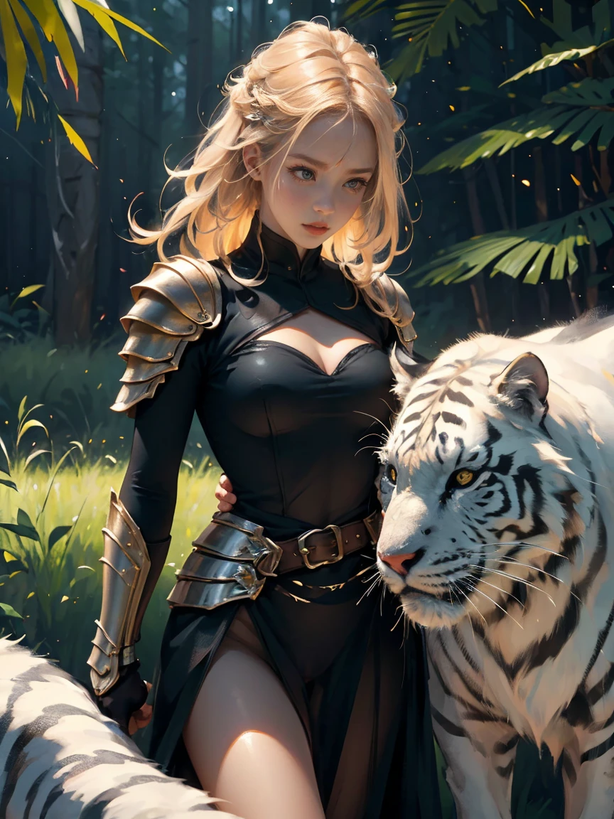 A beautiful and alluring warrior with flowing blonde hair stands confidently beside a majestic white tiger. Her radiant smile and intense gaze captivate all who behold her, embodying a sense of strength and sophistication. The intricate details of her armor and weaponry showcase her skill and elegance. Surrounding them, a lush and vibrant forest serves as the backdrop, with rays of sunlight filtering through the dense canopy, casting a gentle glow on the scene. The atmosphere is charged with a sense of adventure and mystery, with the distant sound of wildlife echoing through the air. This awe-inspiring image would be captured in a high-resolution photograph, allowing every intricate detail to be visible, while accentuating the vibrant colors and textures. The final piece would be reminiscent of a Renaissance painting, combining classical artistry with a modern twist.(Incredibly Detailed:1.1),(Incredibly cinematic:1.1),(High detail model:1.1),(Incredibly Realistic Tones:1.1),(Deep sharpness:1.1),(Incredibly realistic:1.1),(Image 32k:1.3),(Detailed middle ground:1.1),(Detailed background:1.1),(Fine detail:1.1),(Photo RAW:1.1),(Incredible Masterpiece:1.1),(Incredibly Detailed Face:1.1),expression of ecstasy,Sexy,erotic,(((NFSW,pussy))),,(((NFSW,pussy))),