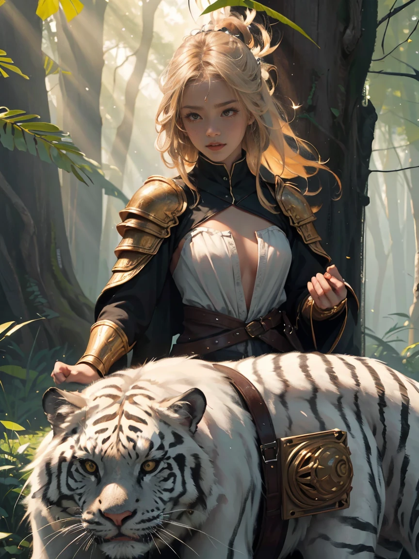 A beautiful and alluring warrior with flowing blonde hair stands confidently beside a majestic white tiger. Her radiant smile and intense gaze captivate all who behold her, embodying a sense of strength and sophistication. The intricate details of her armor and weaponry showcase her skill and elegance. Surrounding them, a lush and vibrant forest serves as the backdrop, with rays of sunlight filtering through the dense canopy, casting a gentle glow on the scene. The atmosphere is charged with a sense of adventure and mystery, with the distant sound of wildlife echoing through the air. This awe-inspiring image would be captured in a high-resolution photograph, allowing every intricate detail to be visible, while accentuating the vibrant colors and textures. The final piece would be reminiscent of a Renaissance painting, combining classical artistry with a modern twist.(Incredibly Detailed:1.1),(Incredibly cinematic:1.1),(High detail model:1.1),(Incredibly Realistic Tones:1.1),(Deep sharpness:1.1),(Incredibly realistic:1.1),(Image 32k:1.3),(Detailed middle ground:1.1),(Detailed background:1.1),(Fine detail:1.1),(Photo RAW:1.1),(Incredible Masterpiece:1.1),(Incredibly Detailed Face:1.1),expression of ecstasy,Sexy,erotic,(((NFSW,pussy))),,(((NFSW,pussy))),