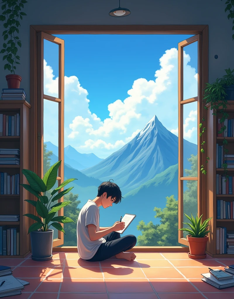 Create a Japanese anime style landscape image. Digital illustration featuring a serene indoor scene with a young man sitting on the floor near a large open window. The window reveals a breathtaking view of a mountain landscape under a bright blue sky with scattered clouds. The young man has short, dark hair and is dressed in a white shirt and dark pants. He is engrossed in writing or drawing in a notebook. The room is filled with natural light, highlighting the wooden bookshelves filled with books and potted plants that line the walls. The floor is tiled in a warm terracotta color, and additional books and plants are scattered around the young man, adding to the cozy and peaceful atmosphere of the scene.