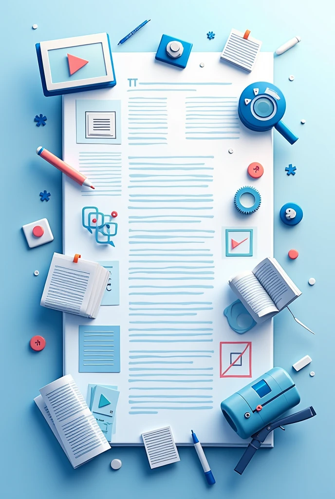 Create a rectangular card with shades of blue and white and elements that refer to the written press, journalists, video editors, Camera, printed newspaper, text correctors 