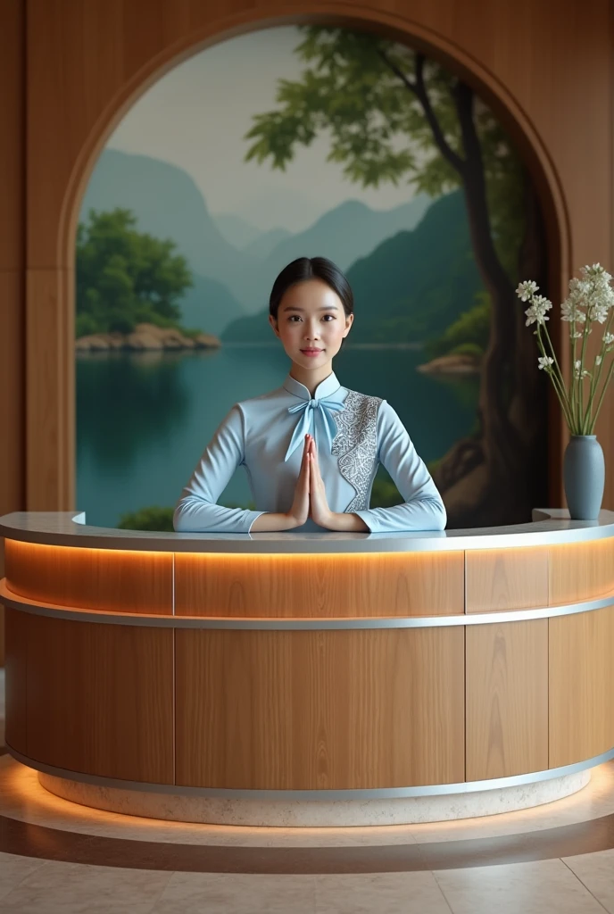 Hotel reception counter is a curved counter decorated with teak wood and silver glass. Beautiful Thai girl behind the counter wearing a long-sleeved shirt made of Thai fabric in a luxury hotel wearing a light blue shirt with a gray Thai pattern on the right side tied around her neck. She is doing a Thai welcome pose in a Thai prayer pose. Behind is the hotel wall with a natural scene. 5-star resort style UHD