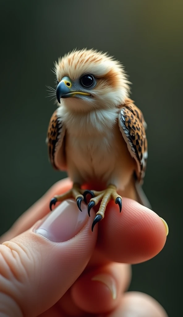 photorrealistic, 8k, Micro Tiny baby [Eagle] perched on a human finger