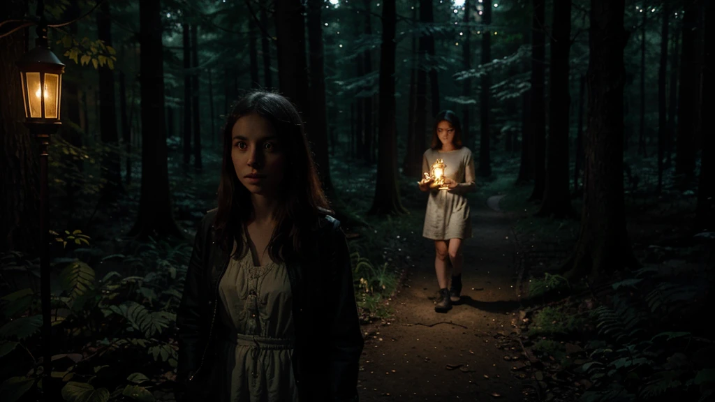 One night, a curious young woman named Sarah, with bright eyes and an adventurous spirit, is exploring a mysterious, moonlit forest. The scene is filled with eerie shadows and glowing fireflies, with Sarah wearing a simple outfit and carrying a lantern to light her way. The atmosphere is both magical and slightly spooky.