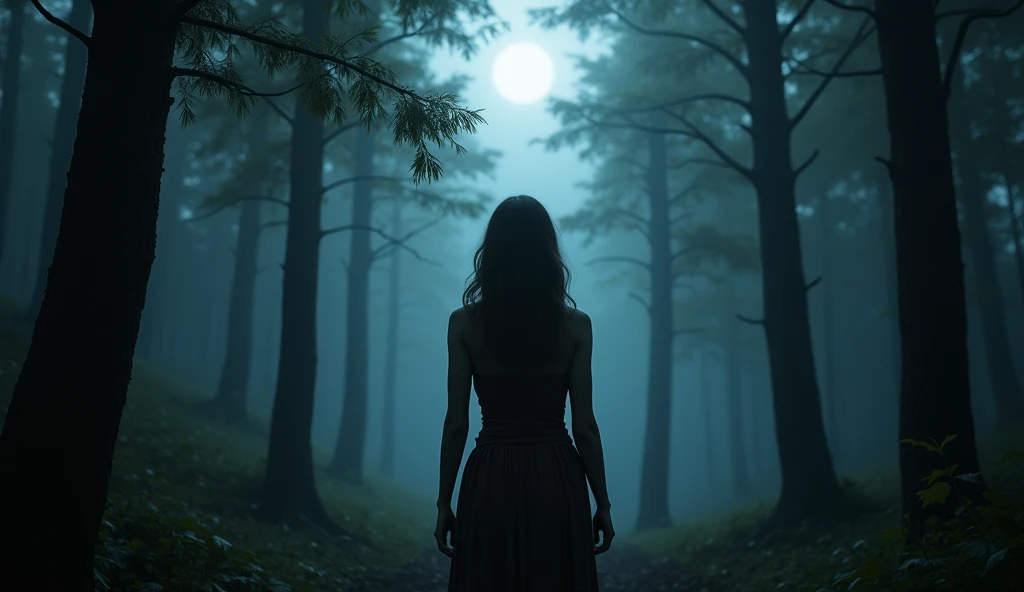 (Masterpiece:1.2,Highest quality,Ultra high resolution,very detailed,realistic,Ultra high resolution,8ก,Wallpaper,(Taking photos in the grave),(The image shows a young woman standing with her back turned looking at something mysterious in front of her.),Covered by dense forest,Camera angle of the young woman's back,dark,There is a little moonlight.,Thailand,Quiet and scary,horror