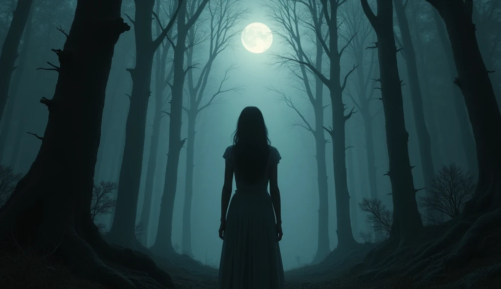 (Masterpiece:1.2,Highest quality,Ultra high resolution,very detailed,realistic,Ultra high resolution,8ก,Wallpaper,(Taking photos in the grave),(The image shows a young woman standing with her back turned looking at something mysterious in front of her.),Covered by dense forest,Camera angle of the young woman's back,dark,There is a little moonlight.,Thailand,Quiet and scary,horror