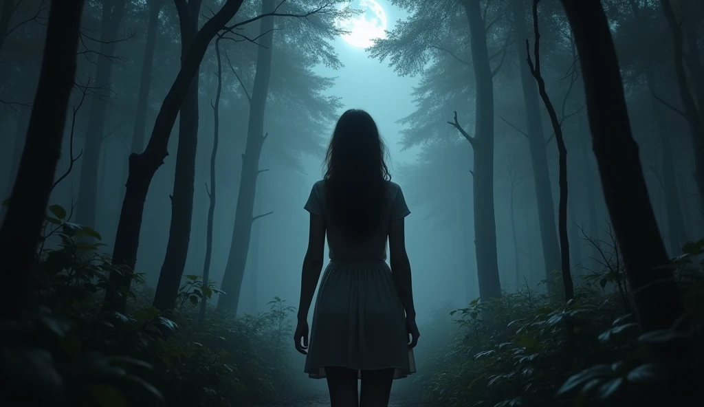 (Masterpiece:1.2,Highest quality,Ultra high resolution,very detailed,realistic,Ultra high resolution,8ก,Wallpaper,(Taking photos in the grave),(The image shows a young woman standing with her back turned looking at something mysterious in front of her.),Covered by dense forest,Camera angle of the young woman's back,dark,There is a little moonlight.,Thailand,Quiet and scary,horror