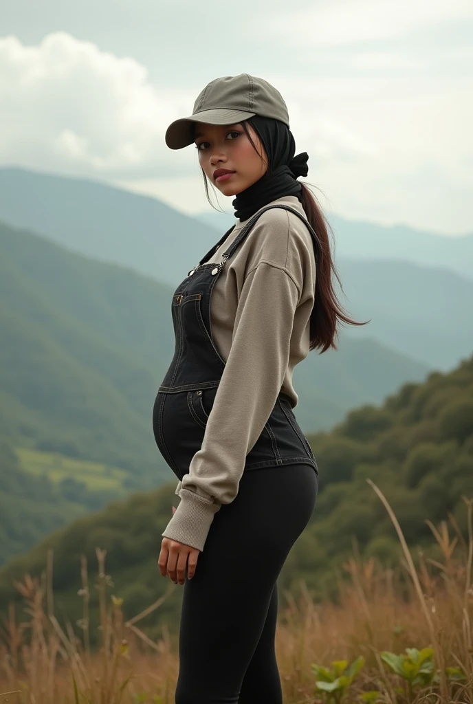 full-body portrait photograph of a young java woman hijab with polo Cap, wearing pinafore with tight-fitting , hotpant with leggings, oversized_breasts.", she is hiking, beautiful_breasts. sensual body, in a unique, photoshot model, ((in sea of clouds over the mountain))), pullover, highres, 4k, HDR, 1girl, photorealistic, realistic, big booobs, turning away facial at viewer, closeup