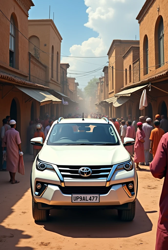 a white fortuner of UP93AL4777 in
a colony in India realistic image