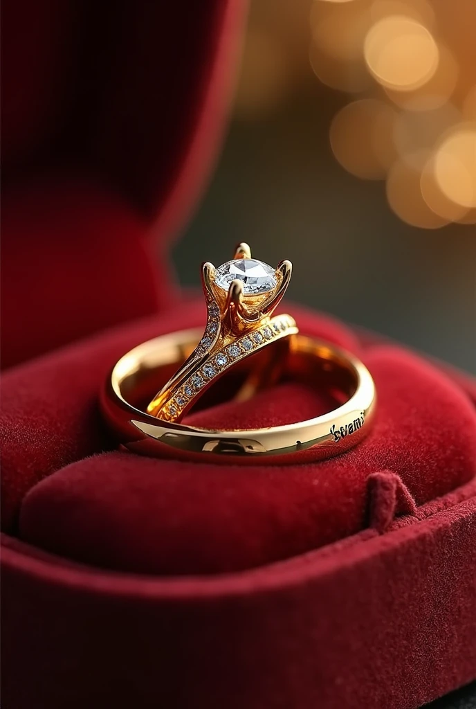 pair of gold-colored wedding and engagement rings in a velvet box, the men's ring is simple, however, it matches the women's ring. The women's ring has a shiny minimalist diamond stone reminiscent of a flower and around it a very soft and delicate braided finish with small diamonds. The word is engraved inside the rings. "AKAI TO"