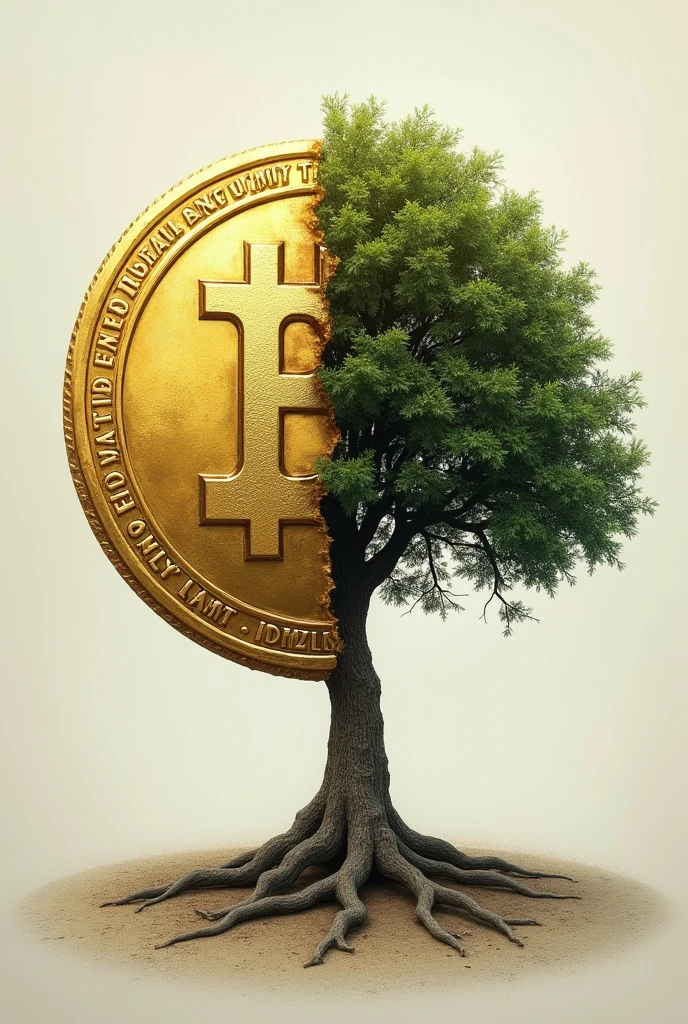 Tree divided half coin half living half half