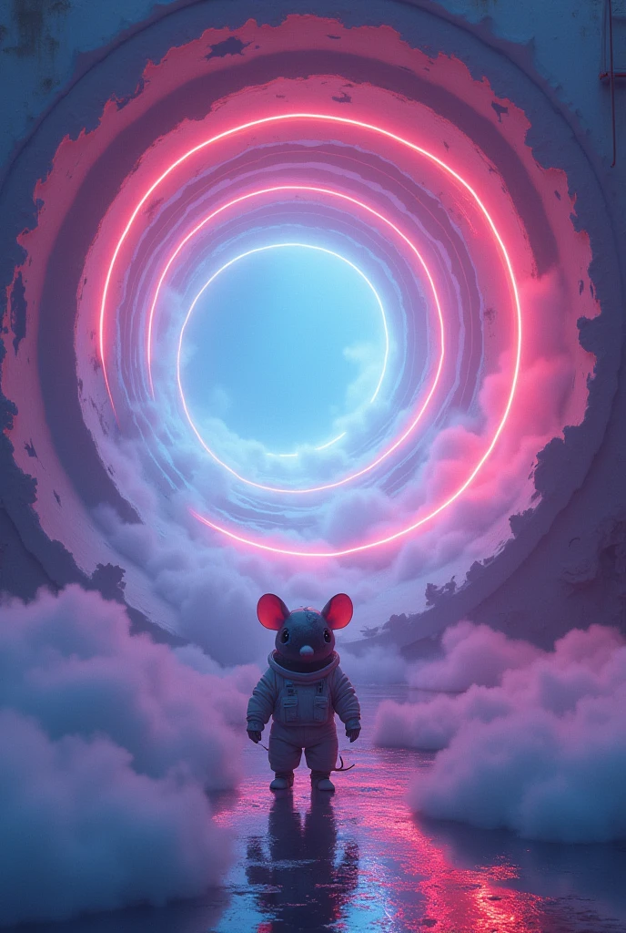 Surreal,A spiral vortex continues from above all the way to the back.,Gradually getting smaller,Gradation,Mysterious Neon,Spot Flash、Wrapped in a beautiful mist,Cute Pixar-style deformed mouse running,Spacesuit,White wall,Soft glow