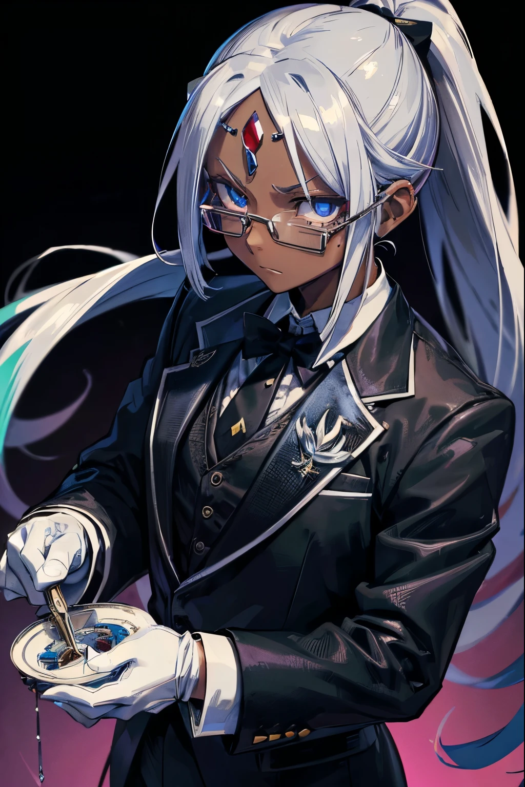 Highest quality, masterpiece, Ultra-high resolution, One person,Hosomi,Silver Hair,Her hair is tied back,Black Band,glasses,Butler,White gloves,Tuxedo,Blue Eyes,martial arts,(Dark skin:1.4),(A jewel is embedded in the center of the forehead:1.2),Gradient Hair