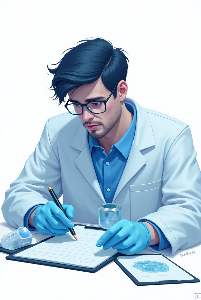 2d artwork with a white background of a scientist taking notes on a sample with shades of blue palettes
