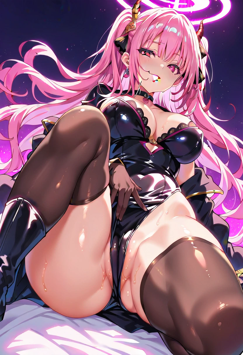 Mature beautiful woman,(Highest quality,Extremely detailed depiction,Incredibly absurd high resolution,Anatomically accurate depiction,Curvy Legs,Shiny skin,Porcelain-like skin),(Female Leader of an Evil Organization:1.5),(Black latex military costume,A shiny black bondage dress with intricate construction,military hat,military cloak,Fancy dress mask,Leather thigh-high boots,Long gloves,Leather Choker,black tights),eyelash,eye shadow,(Pink Eyes,Crazy Eyes,Eyes half closed:1.5,Large Breasts,A seductive smile,Red lips,Shadowed face,Sitting cross-legged,Put your finger on your chin,Seductive gestures),Sweat:0.8,whole body,Pink light,(From below:1.3)