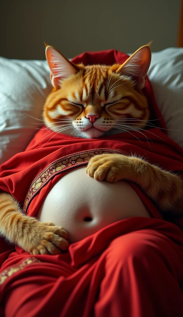 A humanoid havana pragnant cat wearing a red saree. She is bery in pain and crying on bed