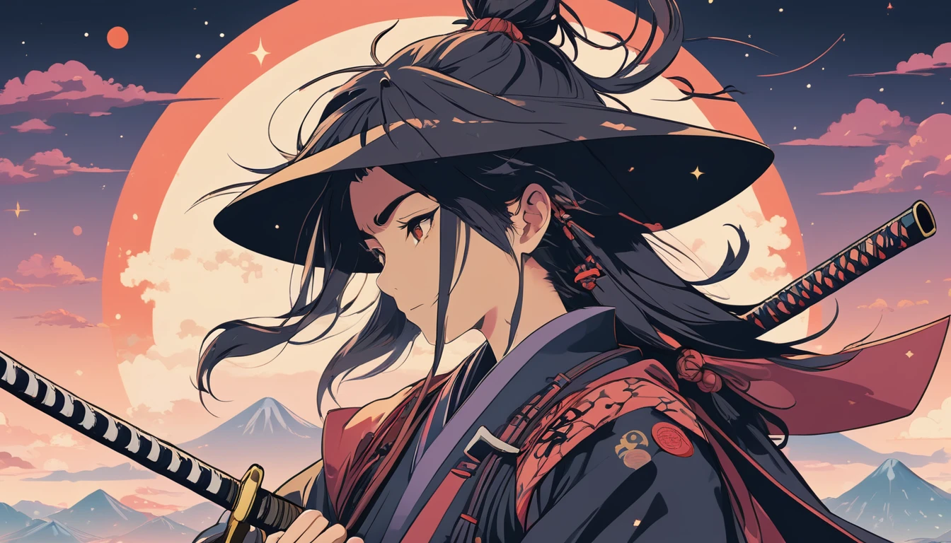 Rock and roll Japanese samurai、Wide-angle lens, Lofi Anime, Lofi illustration, Aesthetic atmosphere, Lo-Fi Style, Vector art, Flat Design, Simple shape, Warm tones, Pleasant atmosphere, Chill, In anime style, Digital drawing, Vector art, Vector logo for t-shirt printing, (Adorable:1.5), (small:1.4), (Playful:1.2), (soft:1.3), (Whimsical:1.1), masterpiece, Highest quality, 8k, Intricate details, grow, Celestial, Mysterious, Picturesque, amazing, Majestic, Magic, Fantasy art, Cover art, dream-like