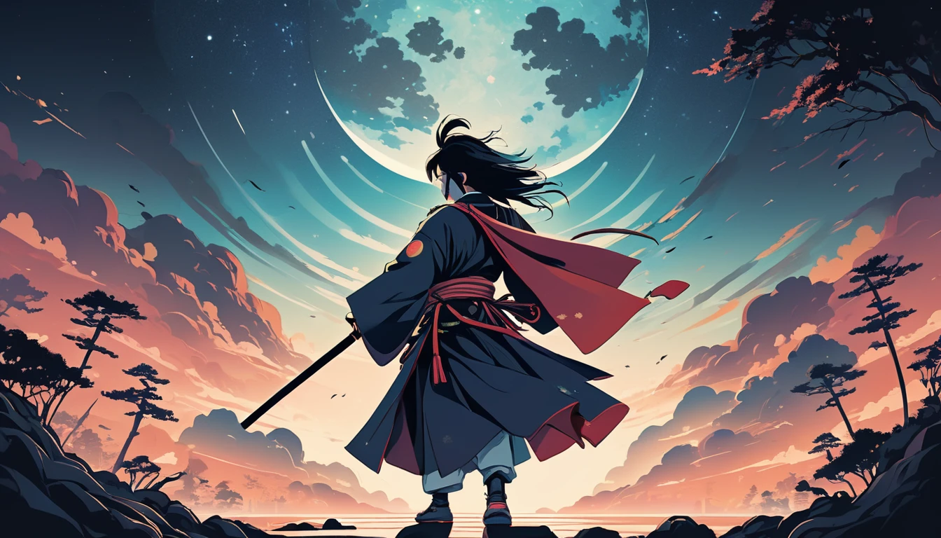 Rock and roll Japanese samurai、Wide-angle lens, Lofi Anime, Lofi illustration, Aesthetic atmosphere, Lo-Fi Style, Vector art, Flat Design, Simple shape, Warm tones, Pleasant atmosphere, Chill, In anime style, Digital drawing, Vector art, Vector logo for t-shirt printing, (Adorable:1.5), (small:1.4), (Playful:1.2), (soft:1.3), (Whimsical:1.1), masterpiece, Highest quality, 8k, Intricate details, grow, Celestial, Mysterious, Picturesque, amazing, Majestic, Magic, Fantasy art, Cover art, dream-like
