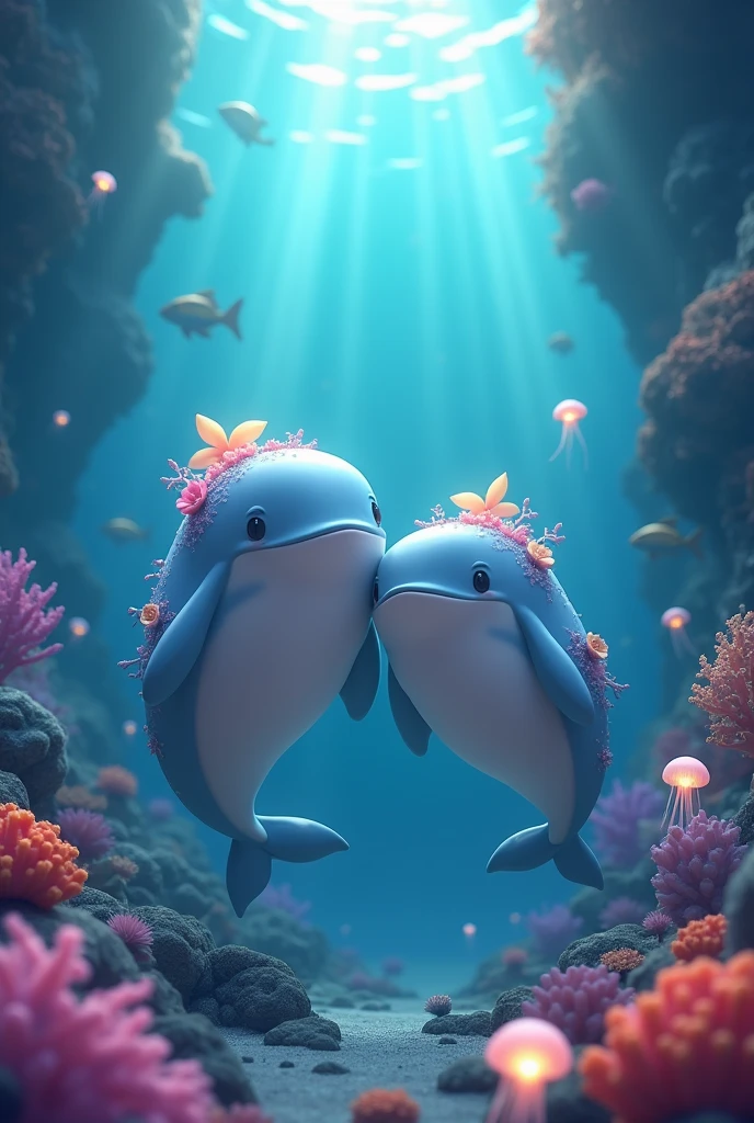 An ultra-realistic 4K image depicting a whimsical deep-sea scene featuring a pair of large, gentle whales. These whales have a slightly cartoonish charm, with expressive eyes that exude wisdom and friendliness. Their bodies are a mix of soft pastel blues, grays, and a hint of lavender, with bioluminescent flowers and tiny coral-like growths scattered across their backs. The background is an enchanting underwater realm filled with vibrant, colorful coral formations, schools of glowing fish, and soft beams of light filtering down from the surface, creating a serene and ethereal atmosphere. Small, luminescent jellyfish float nearby, adding to the sense of wonder. Art styles: Realistic fantasy, whimsical marine life. Lighting: Soft, glowing light beams, underwater shadows. Camera: Wide shot with dynamic depth of field. Render: Unreal Engine, 8K resolution.