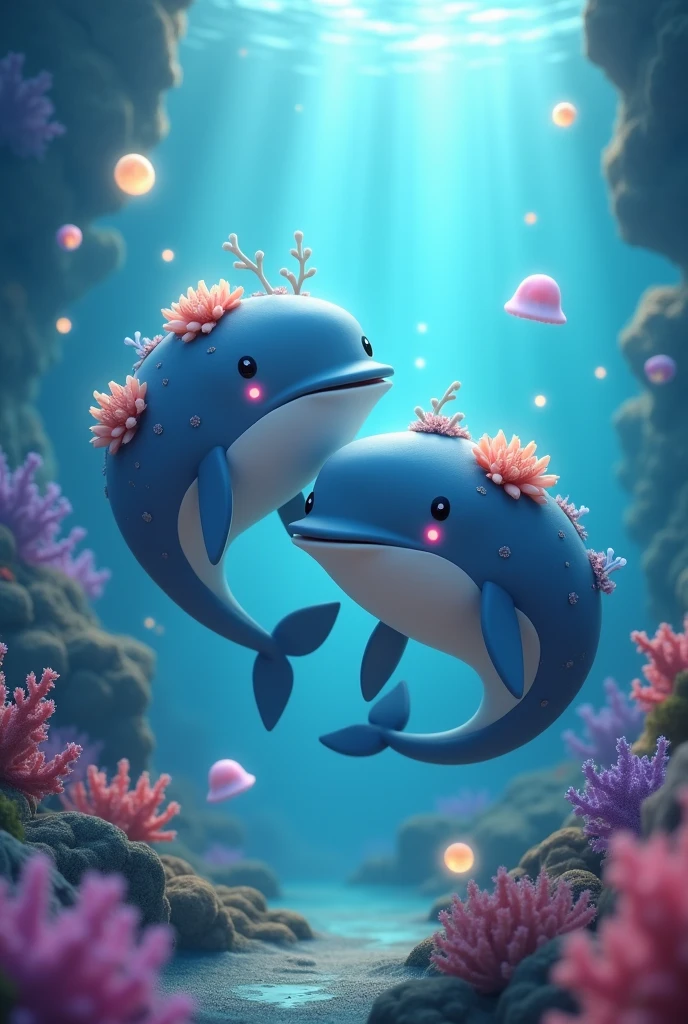 An ultra-realistic 4K image depicting a whimsical deep-sea scene featuring a pair of large, gentle whales. These whales have a slightly cartoonish charm, with expressive eyes that exude wisdom and friendliness. Their bodies are a mix of soft pastel blues, grays, and a hint of lavender, with bioluminescent flowers and tiny coral-like growths scattered across their backs. The background is an enchanting underwater realm filled with vibrant, colorful coral formations, schools of glowing fish, and soft beams of light filtering down from the surface, creating a serene and ethereal atmosphere. Small, luminescent jellyfish float nearby, adding to the sense of wonder. Art styles: Realistic fantasy, whimsical marine life. Lighting: Soft, glowing light beams, underwater shadows. Camera: Wide shot with dynamic depth of field. Render: Unreal Engine, 8K resolution.
