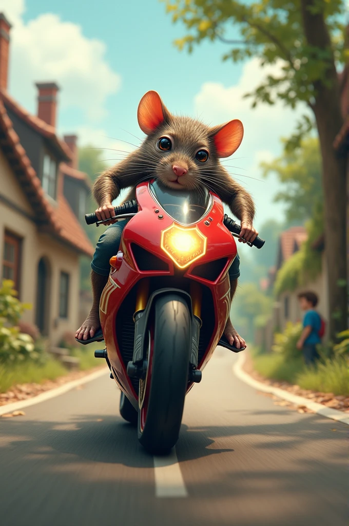 A rat on superbike in village road