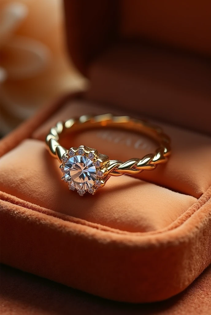 pair of gold-colored wedding and engagement rings in a velvet box, the men's ring is simple, however, it matches the women's ring. The women's ring has a shiny minimalist diamond stone reminiscent of a flower and around it a very soft and delicate braided finish with small diamonds. The word is engraved inside the rings. "AKAI TO"