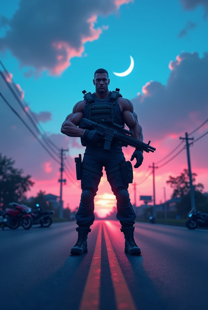 Powerfull man standing in road with gun background is blue moon sun set and with bikes 