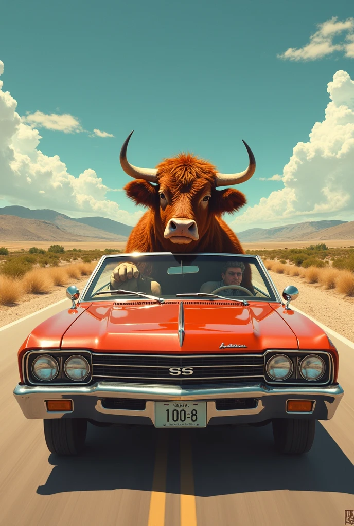 Buffle qui conduit une voiture americaine des années 1970 sur une route du texas 