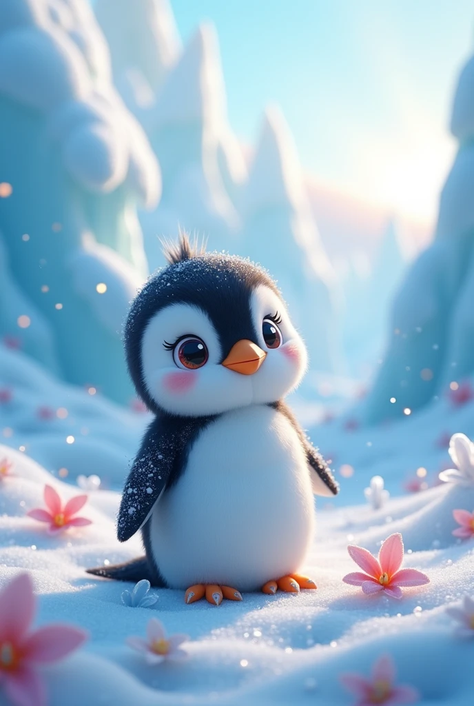 A photorealistic 4K scene capturing a whimsical Antarctic landscape featuring a small, adorable penguin with a cartoon-like appeal. The penguin has large, expressive eyes that give it a playful and friendly look, and its sleek black-and-white feathers are accented with soft pastel colors like light blue and soft gray. Tiny, frost-covered flowers and small ice crystals decorate its feathers, giving it a magical, wintery touch. The background is a vibrant icy world filled with sparkling ice formations, soft snowdrifts, and subtle, glowing sun rays breaking through a cloudy sky, casting a cool and serene glow. Small, fluffy snowflakes gently fall around, adding to the enchanting and lively environment. Art inspirations: Pixar, Nature Fantasy. Lighting: Cold, diffused lighting with soft shadows. Camera: Low-angle close-up, with slight bokeh effect for depth. Render: Redshift Render, 4K resolution.