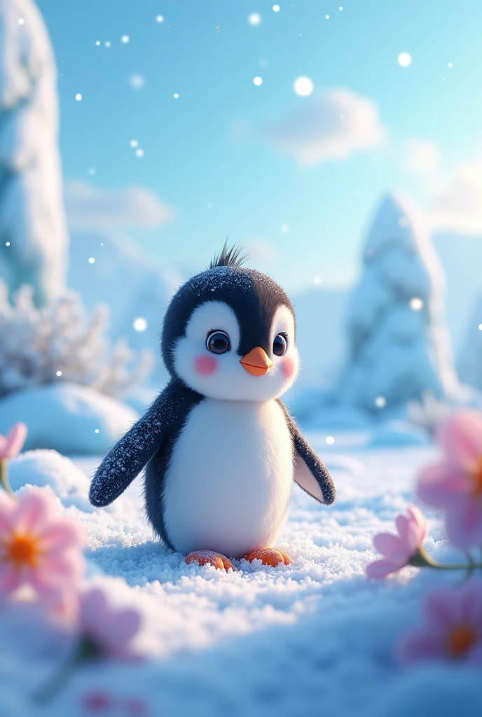 A photorealistic 4K scene capturing a whimsical Antarctic landscape featuring a small, adorable penguin with a cartoon-like appeal. The penguin has large, expressive eyes that give it a playful and friendly look, and its sleek black-and-white feathers are accented with soft pastel colors like light blue and soft gray. Tiny, frost-covered flowers and small ice crystals decorate its feathers, giving it a magical, wintery touch. The background is a vibrant icy world filled with sparkling ice formations, soft snowdrifts, and subtle, glowing sun rays breaking through a cloudy sky, casting a cool and serene glow. Small, fluffy snowflakes gently fall around, adding to the enchanting and lively environment. Art inspirations: Pixar, Nature Fantasy. Lighting: Cold, diffused lighting with soft shadows. Camera: Low-angle close-up, with slight bokeh effect for depth. Render: Redshift Render, 4K resolution.