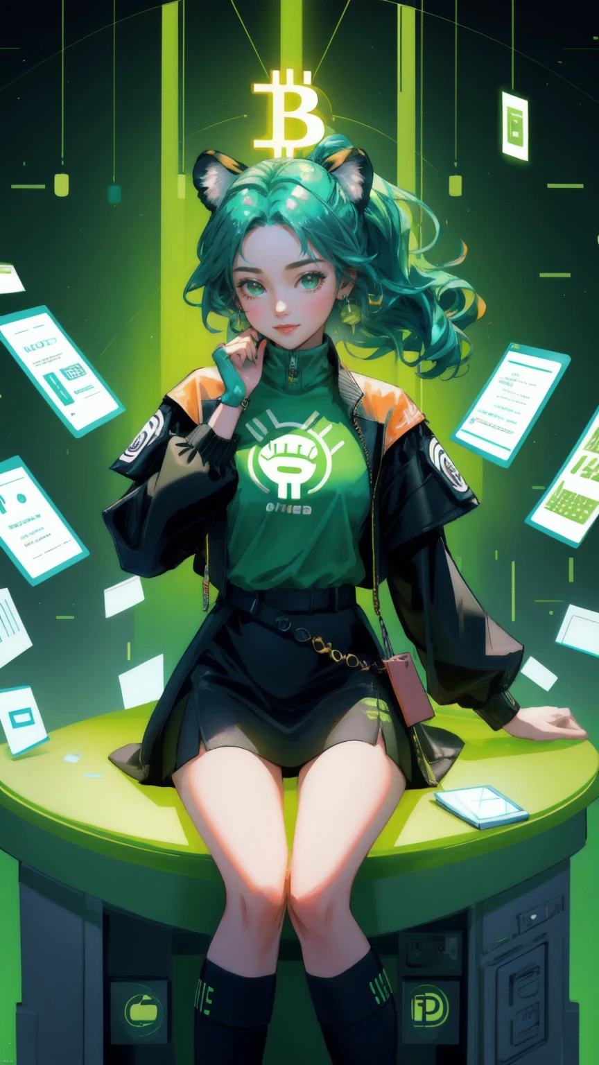 Create a vibrant image featuring a young woman in a colorful, crypto-themed setting. She is seated at a desk, surrounded by floating cryptocurrencies like Bitcoin, Ethereum, and various altcoins, all glowing in a dynamic green background. The woman wears a casual, bright yellow t-shirt with a tiger face print, expressing excitement and surprise as she researches on her laptop. The scene is lush with green foliage around her, enhancing the theme of growth and vitality. Above the scene, in a banner style, include the phrase 'DYOR or Die' in bold, impactful lettering, without explicitly depicting it, to imply the importance of doing your own research in the crypto world. The entire image is filled with elements like documents, digital graphs, and crypto coins to represent thorough research and the dynamic nature of the cryptocurrency market
