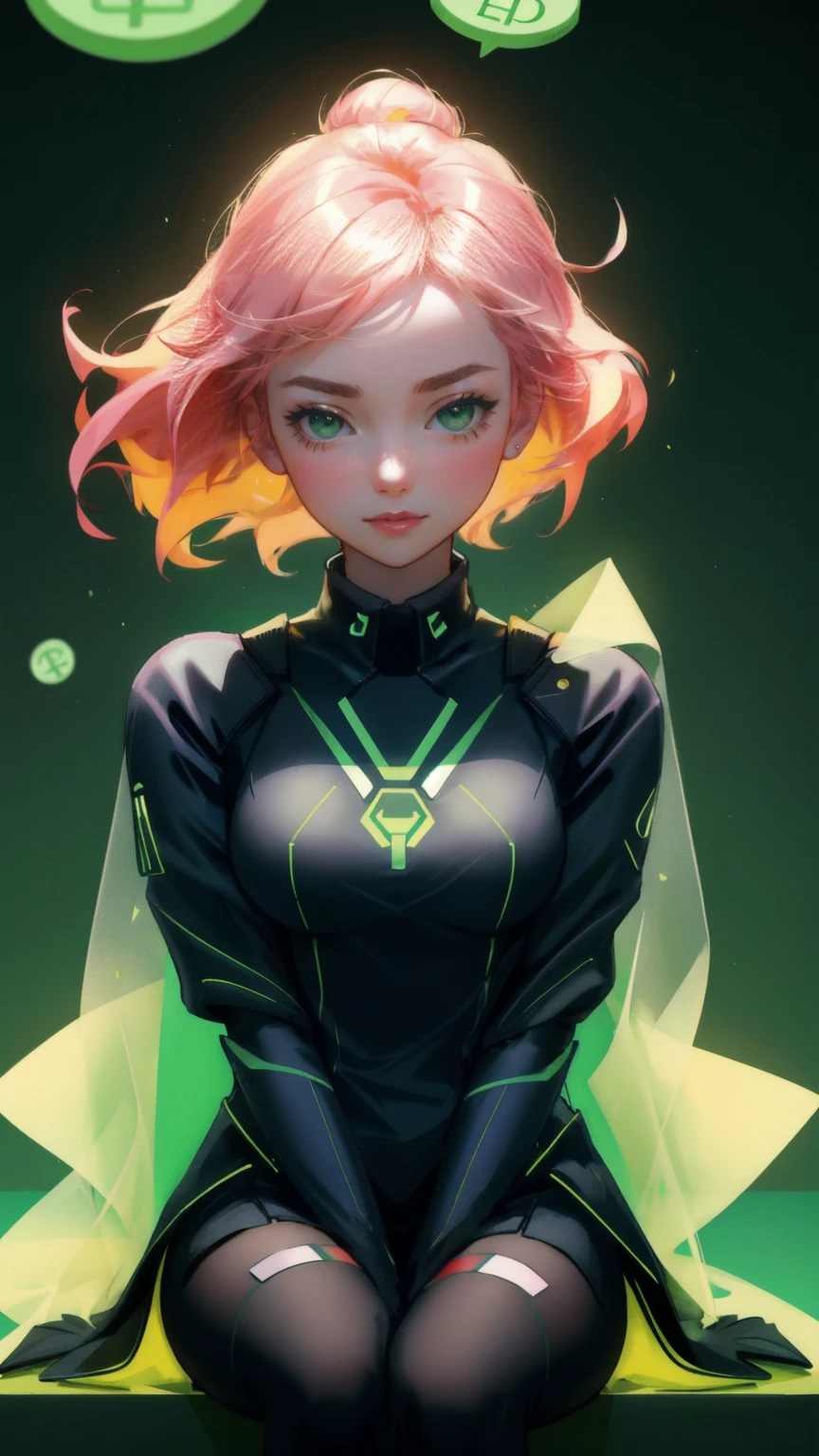 Create a vibrant image featuring a young woman in a colorful, crypto-themed setting. She is seated at a desk, surrounded by floating cryptocurrencies like Bitcoin, Ethereum, and various altcoins, all glowing in a dynamic green background. The woman wears a casual, bright yellow t-shirt with a tiger face print, expressing excitement and surprise as she researches on her laptop. The scene is lush with green foliage around her, enhancing the theme of growth and vitality. Above the scene, in a banner style, include the phrase 'DYOR or Die' in bold, impactful lettering, without explicitly depicting it, to imply the importance of doing your own research in the crypto world. The entire image is filled with elements like documents, digital graphs, and crypto coins to represent thorough research and the dynamic nature of the cryptocurrency market