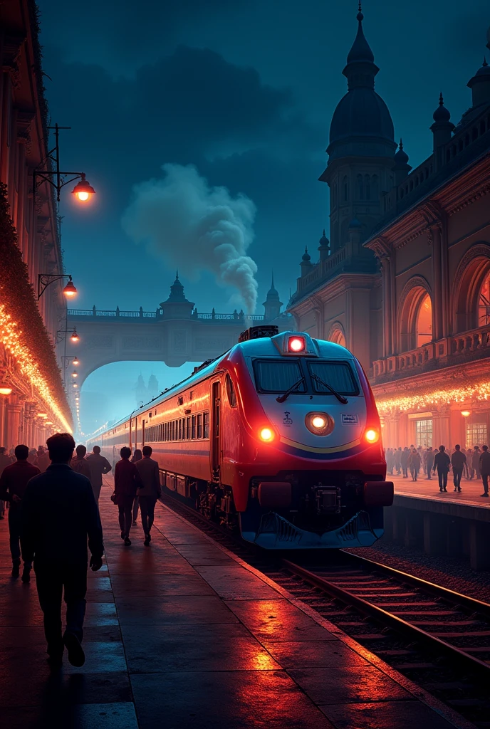 Vande bhart train in howrah junction at night people walking on platform blue black and red light