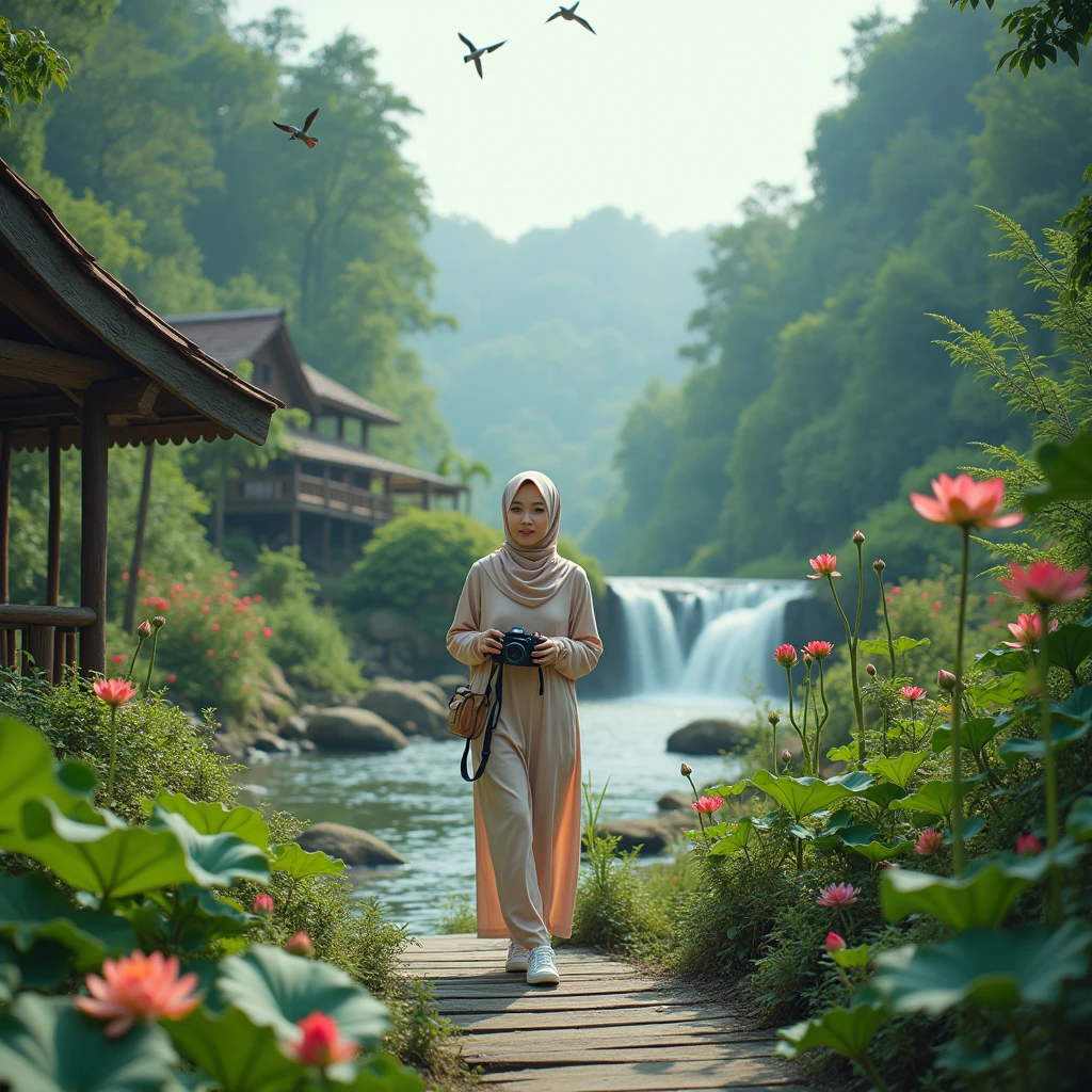 make an original photo of a beautiful young Malay woman with a clean and soft face,Wear long clothes ,casual pants ,Hijab , wearing sneakers ,standing pose /walking full body while holding the camera 📷,beautiful natural scenery background, river, waterfall , log cabin, bridge,river air bening ,there are green plants,flower ,red betel plant, Lotus , there is a swing ,flying bird, realistis HD high-quality photography, high focus, long shoot cinematic,32k. High Resolution, Smile, Projected Inset, 