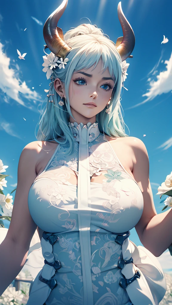 Official Art, Unity,8k wallpaper, Correct Anatomy，Very detailedな, Beautiful yet fleeting、((Two horns grow from the head))Japan、beautiful, masterpiece,((One Woman)) Highest quality,White flower, ((Large Breasts))Flower Ecstasy, Very detailed, Light blue hair、(())Dynamic Angle, (()), ((Gothic Dress))The most beautiful form of chaos, ((The body is slim)).elegant, Vibrant colors,(())