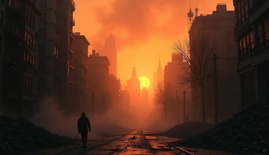 A photo of a large city at dusk, with a catastrophic shadow of darkness. dust, casting a strange orange hue over the city. Buildings are silhouetted against the orange sky, with some partially collapsed.The streets are empty, with rubble strewn about. The overall atmosphere is dark and apocalyptic.