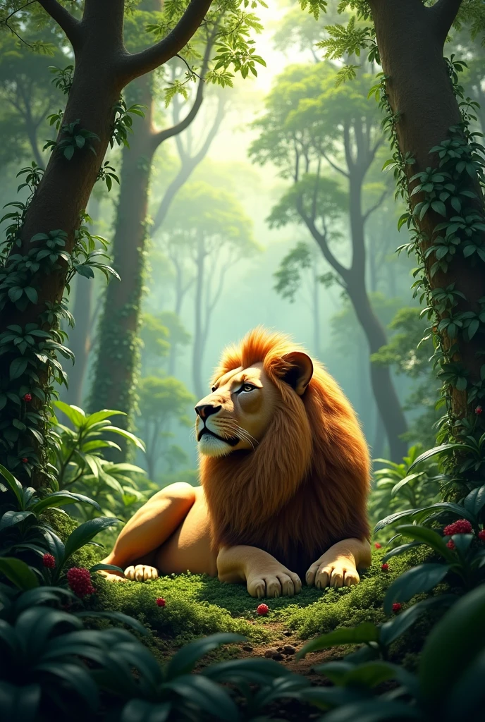 A majestic lion resting in a dense, lush Amazon rainforest, surrounded by tall trees and vibrant greenery. The lion is at the center of the scene, his eyes closed peacefully.