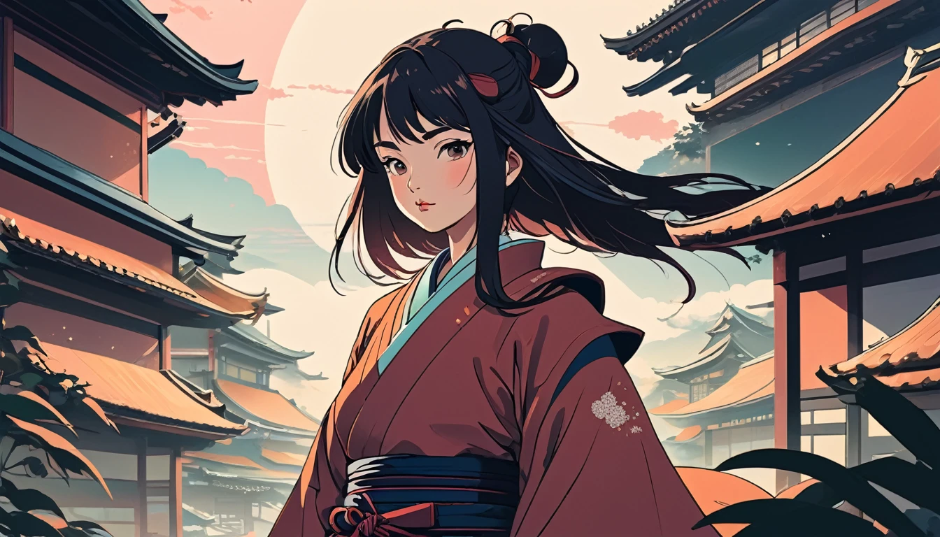 Female samurai、Wide-angle lens, Lofi Anime, Lofi illustration, Aesthetic atmosphere, Lo-Fi Style, Vector art, Flat Design, Simple shape, Warm tones, Pleasant atmosphere, Chill, In anime style, Digital drawing, Vector art, Vector logo for t-shirt printing, (Adorable:1.5), (small:1.4), (Playful:1.2), (soft:1.3), (Whimsical:1.1), masterpiece, Highest quality, 8k, Intricate details, grow, Celestial, Mysterious, Picturesque, amazing, Majestic, Magic, Fantasy art, Cover art, dream-like